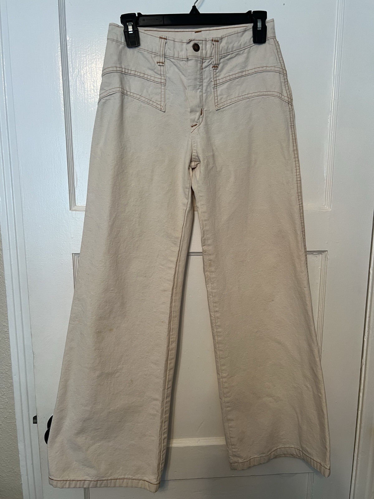 Vintage 70’s PlushBottoms Wide Leg Jeans Women’s Cream Canvas Orange Stitch Boho