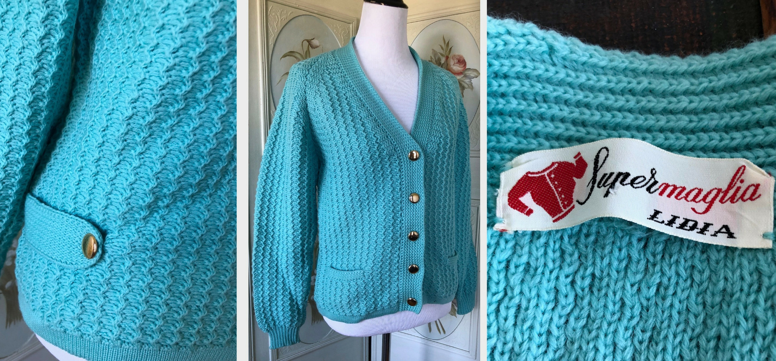 VTG 50s 60s ITALY-MADE WOOL KNIT SWEATER CARDIGAN AQUA BLUE RAGLAN POCKETS EUC