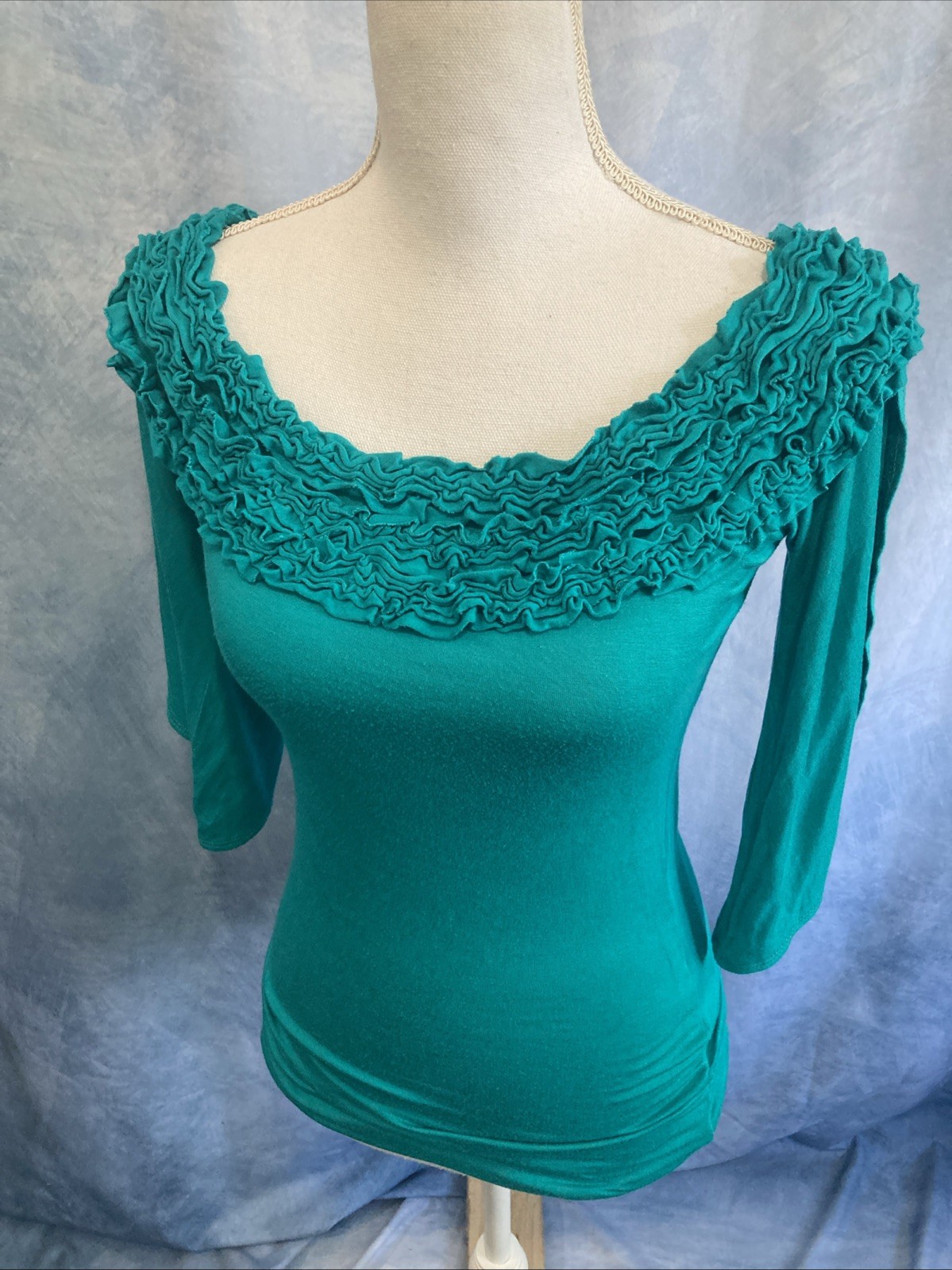VTG Y2K Arden B Teal Ruffle Top Slit 3/4 Sleeve Fairycore Whimsigoth Blouse XS