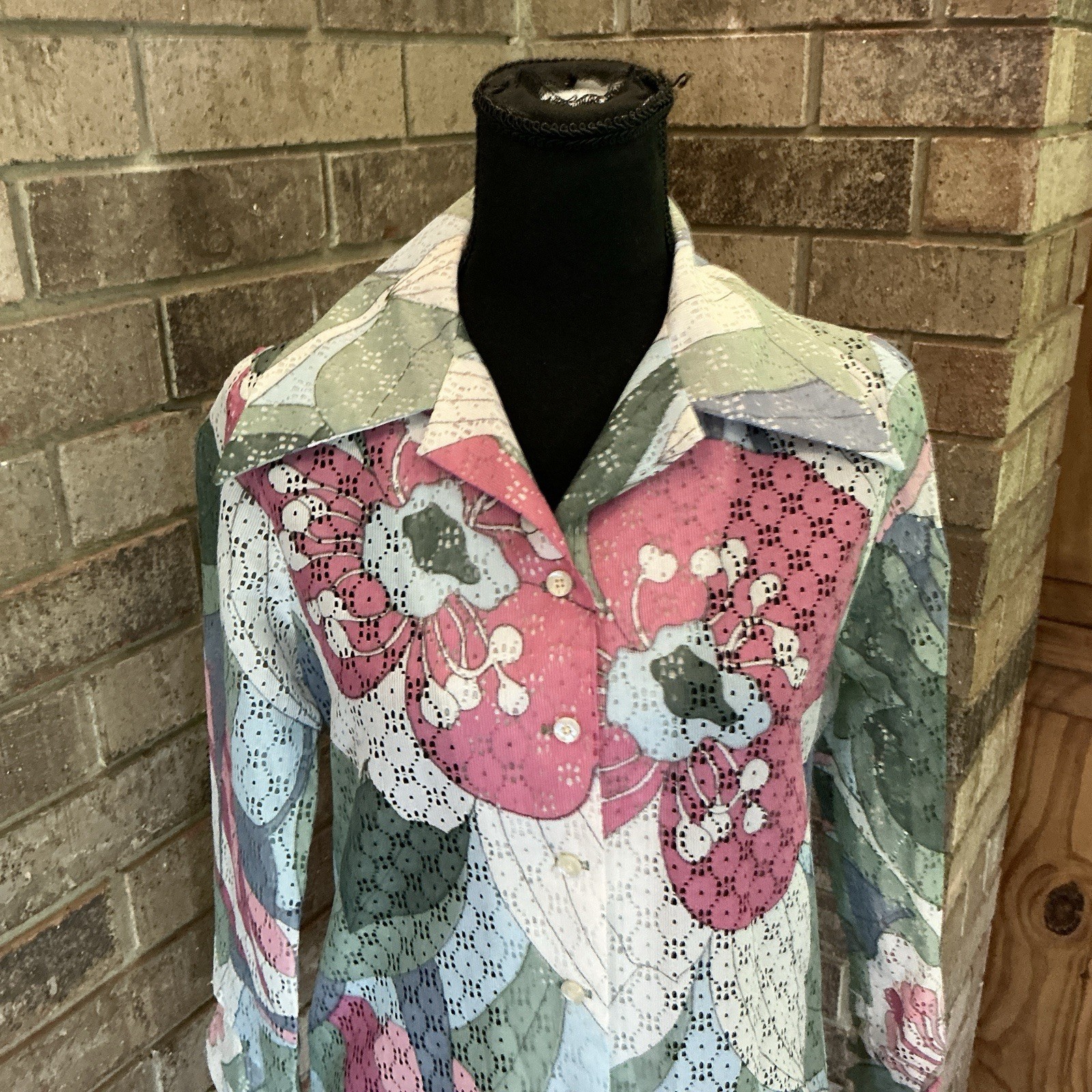 VINTAGE Separate Thoughts by Nardis Eyelet Floral Blouse Sz S/M Pink Green #41E6