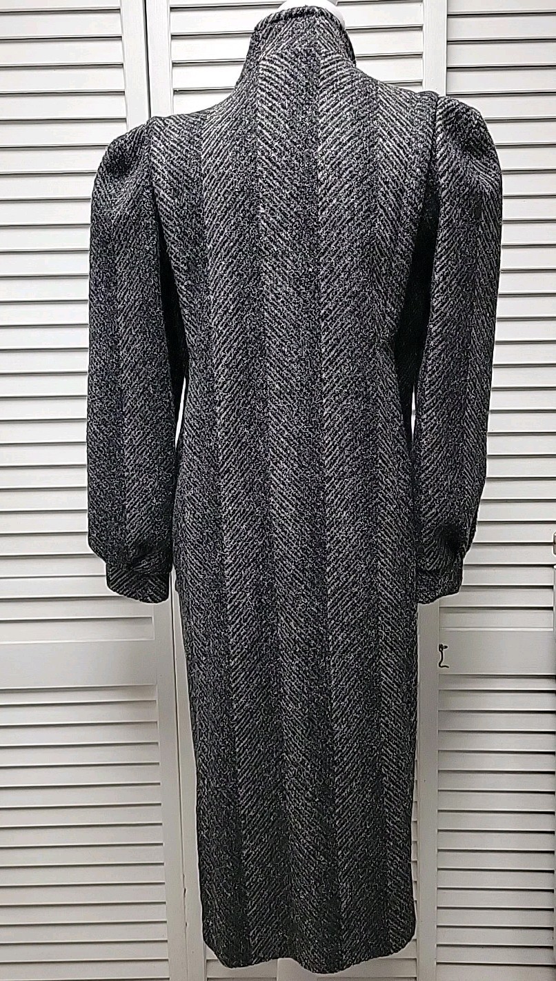 Vtg Herringbone Tweed Chevron Gray Wool Coat Puff Sleeve 80&rsquo;s EUC USA SZ 7