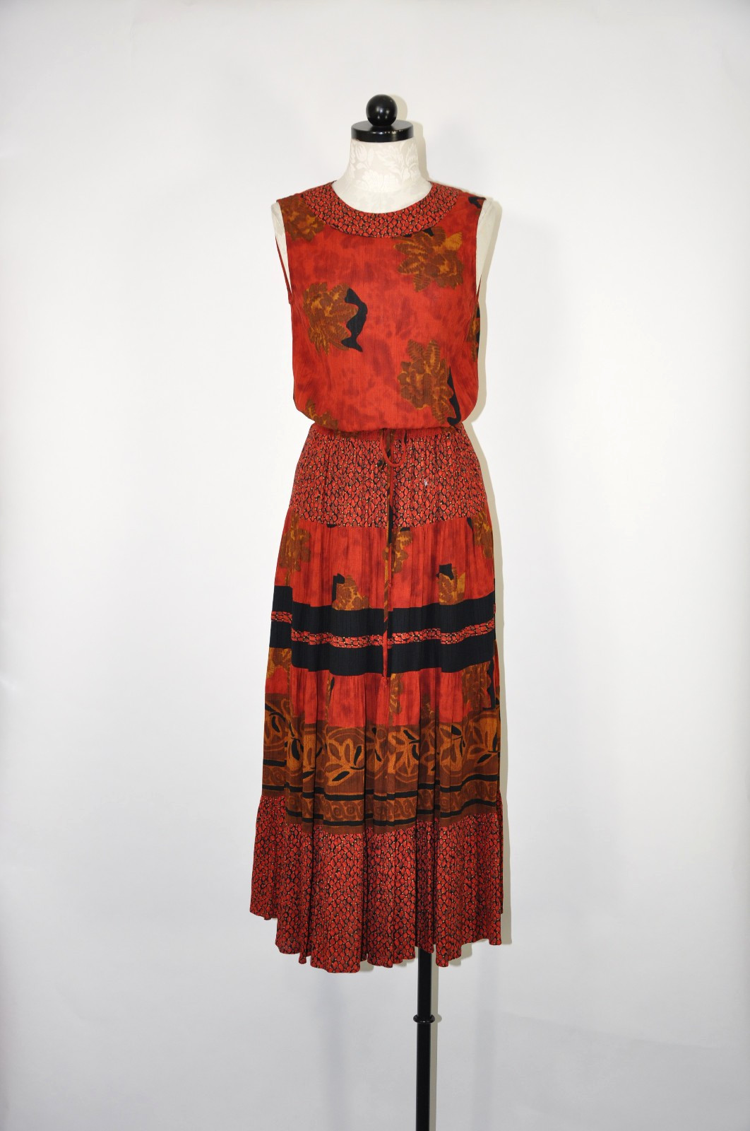90s Vintage Rust Red Rayon Autumn Leaf Print Sleeveless Midi Dress Women S M