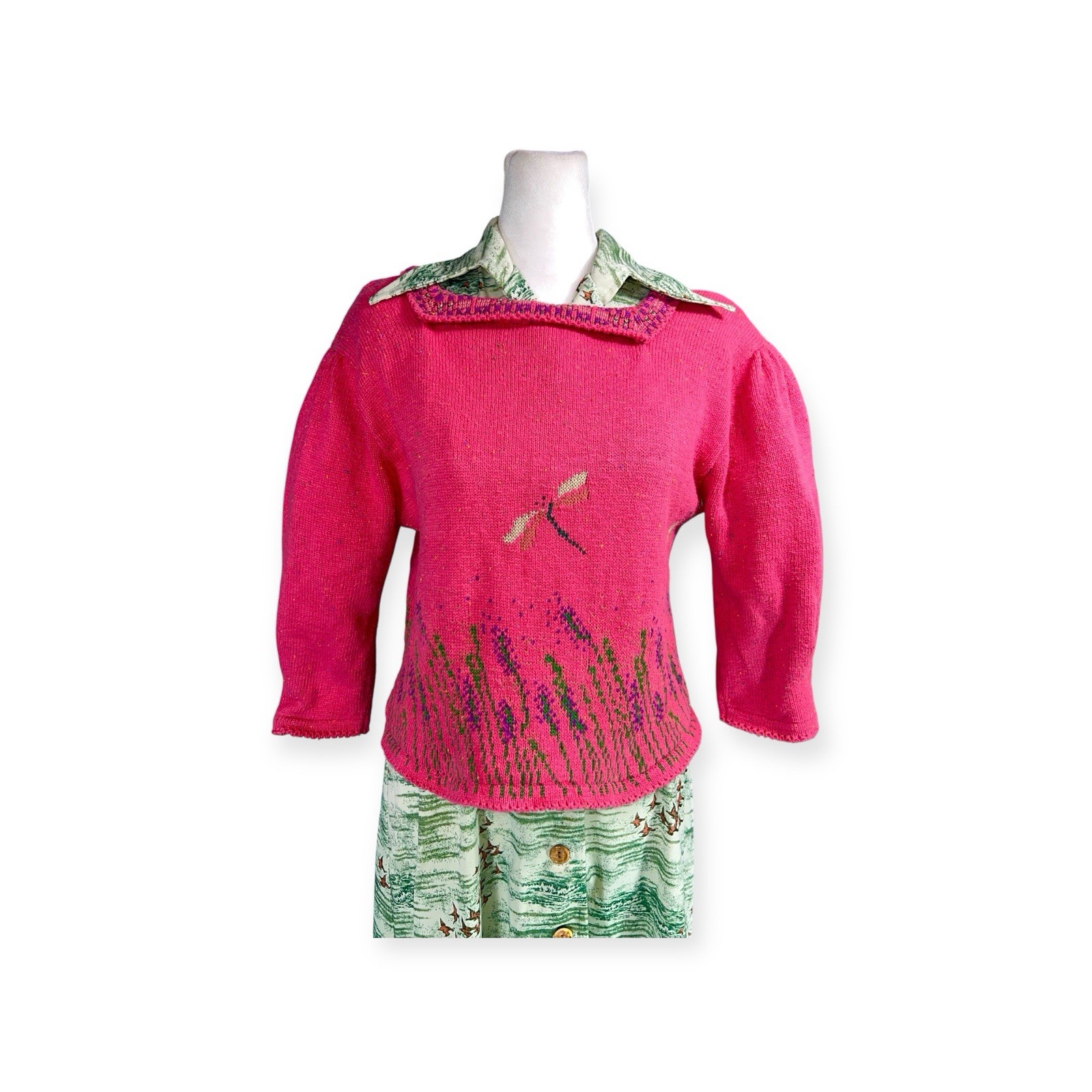 VTG 1990s COTTON DRAGONFLY WHIMSICAL CROPPED SWEATER Y2K FAIRY CORE BOHO PRAIRIE