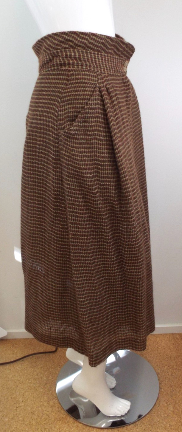 Vintage Giorgio Armani Brown Plaid Wool Blend Maxi Skirt 44 Fold Down Waist