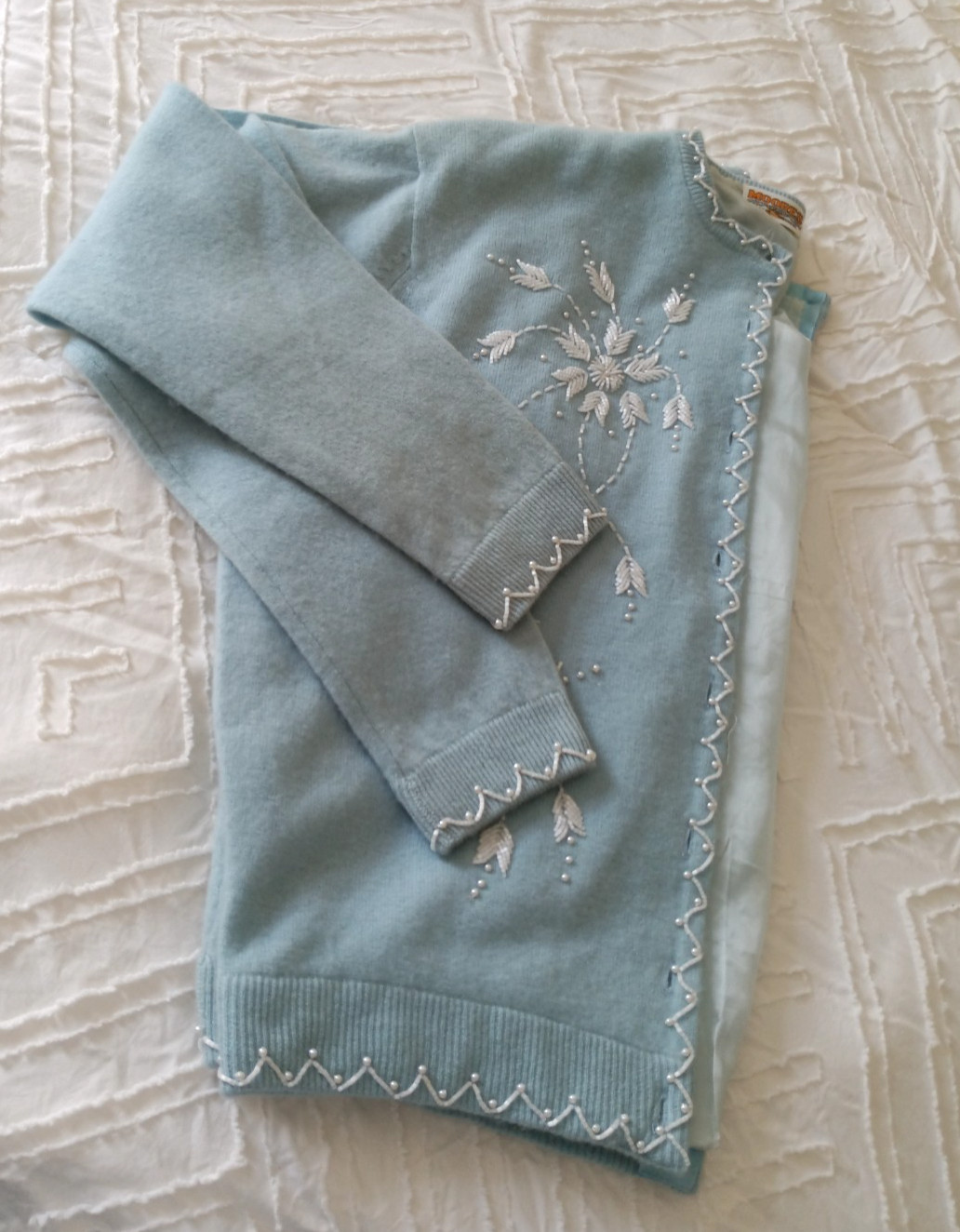 Vintage Moores Cashmere Cardigan Beaded Embroidered Powder Blue Pearl Trim Sweat