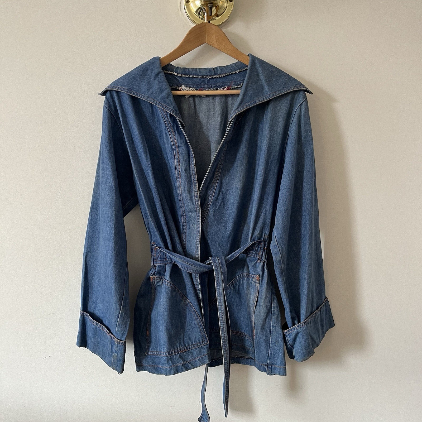 Vintage 70s Denim Jacket Belted Waist Chore Coat Cinched Blue Cotton S M