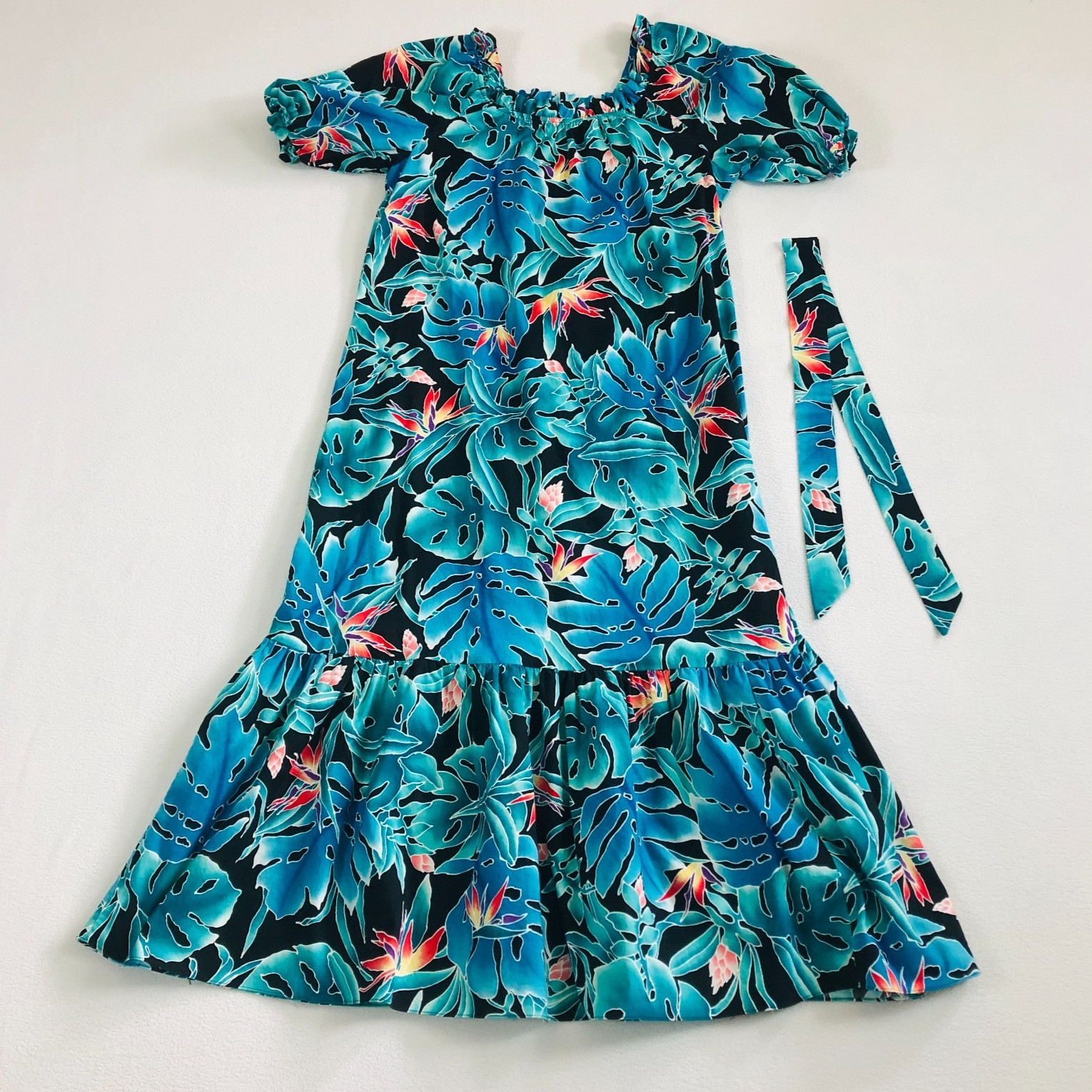 Vintage Hilo Hattie MuuMuu Dress MIDI Hawaiian Ruffle Bird Of Paradise Size M