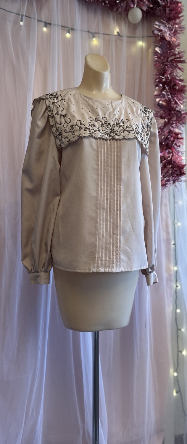 Vintage 80s Beaded Top Blouse Oversized Collar Prairie Edwardian Oversized S/M