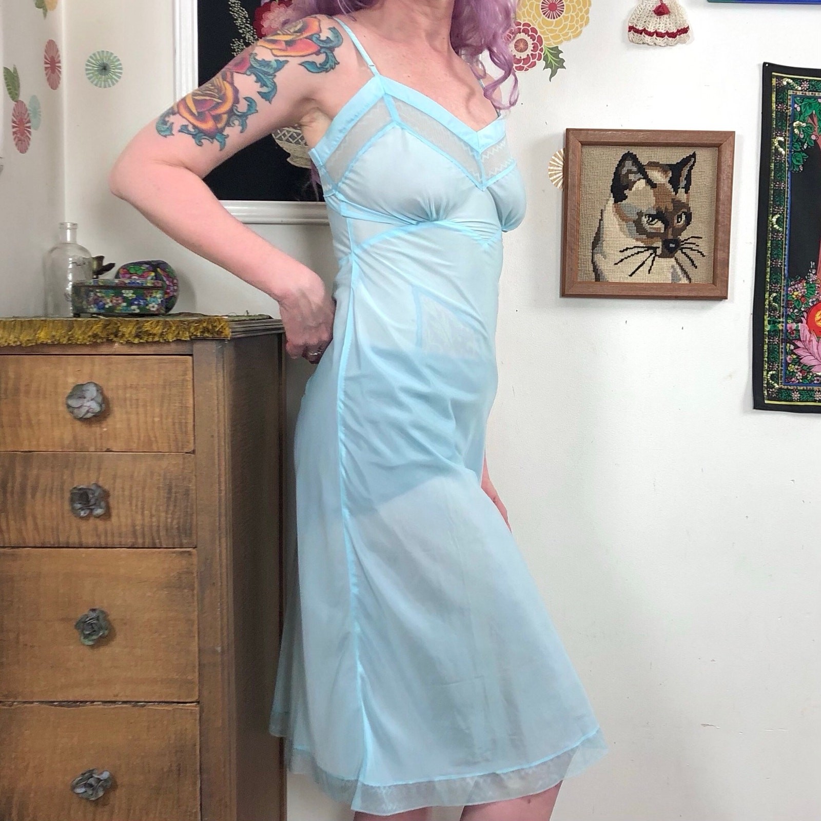 Vintage Aqua Taffeta Slip, 1940s Hand Dyed Swishy Nylon Slip Dress, Sz XS
