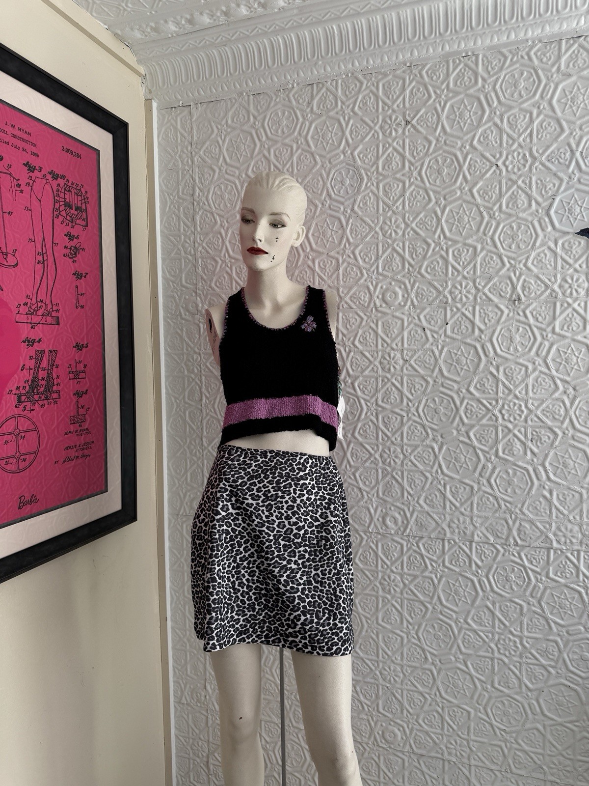 1990s black & white animal print mini skirt-vampy-vintage-USA made stretch-