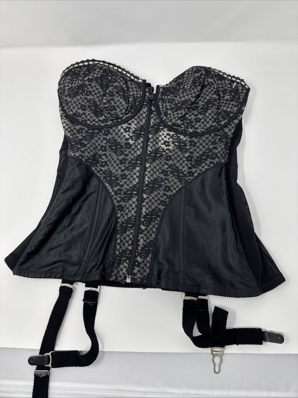 VINTAGE Lady Marlene Black Bustier CORSET GARTER Clip Girdle 36D Lace Satin Goth
