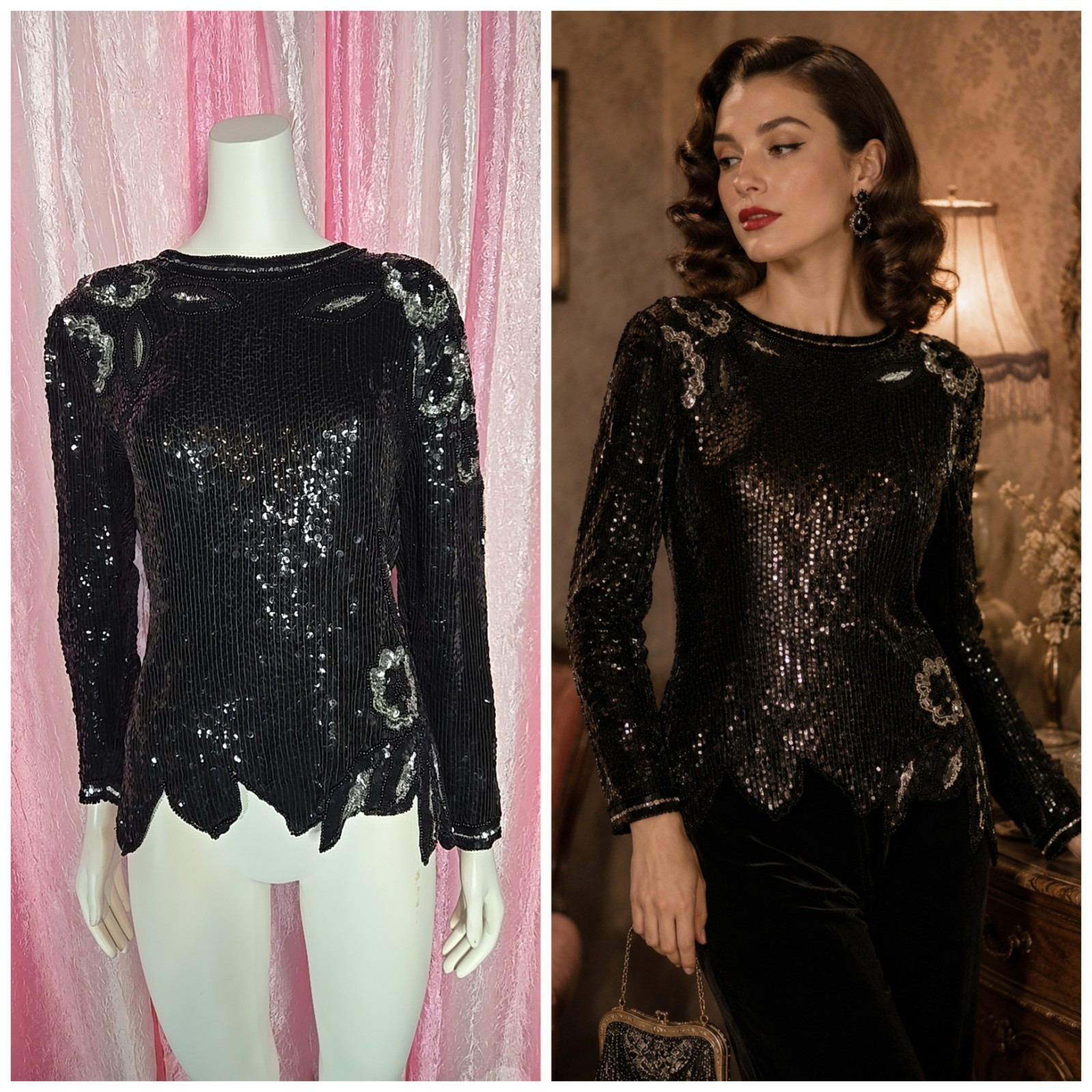 Royal Feelings Vintage Black Floral Silver Beaded Silk Evening Blouse Size Small