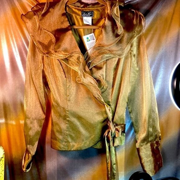 Vintage 1980’s Lori Max Gold Dressy Sheer Blouse Top Statement Collar Size M