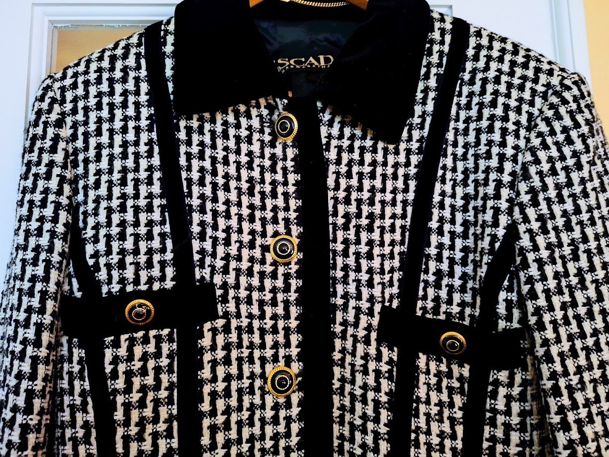 ESCADA by Margaretha Ley Houndstooth Blazer Jacket Tweed Velvet Size 40