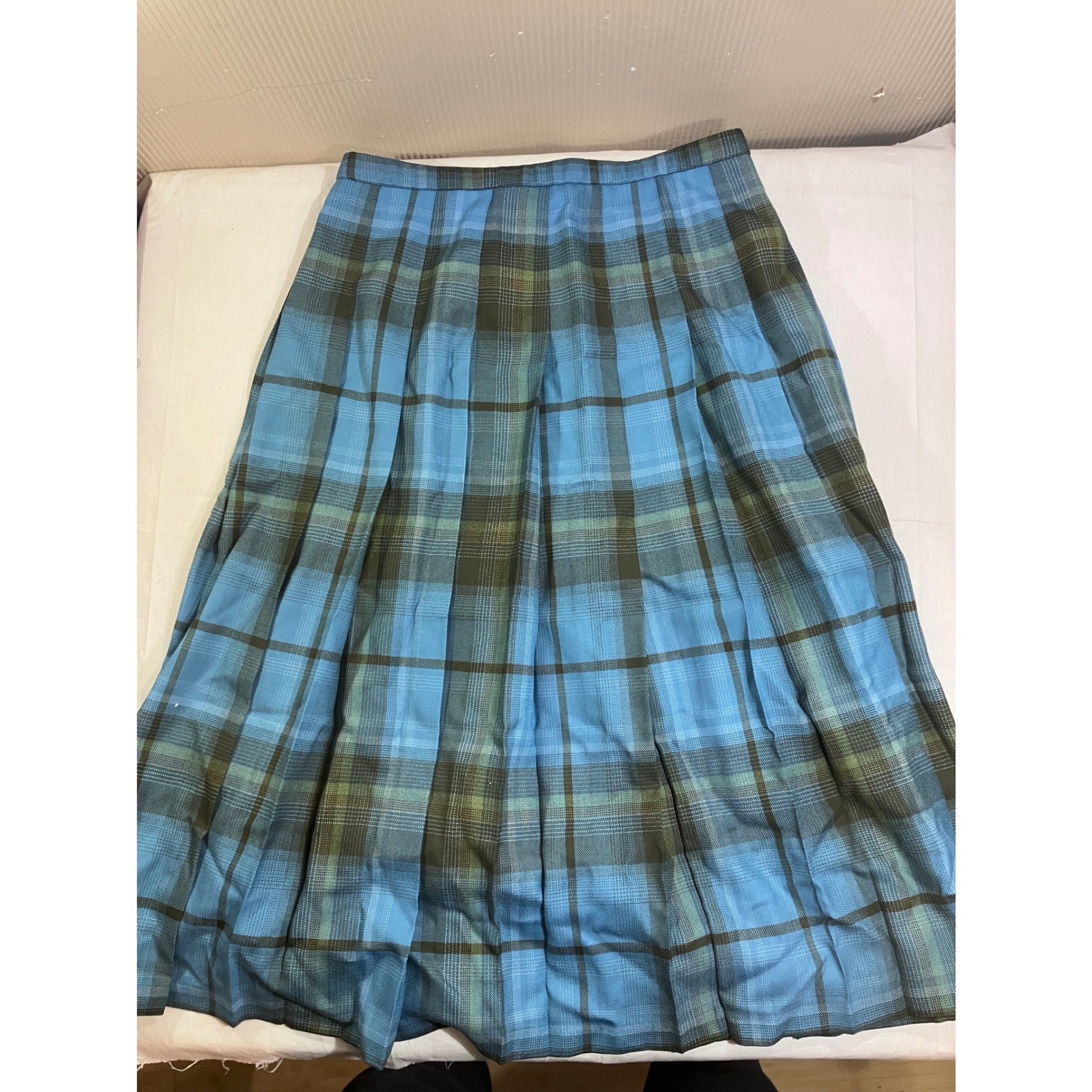 Pendleton Blue Virgin Wool Skirt Suit Set Blazer Pleated Plaid Skirt Womens 14