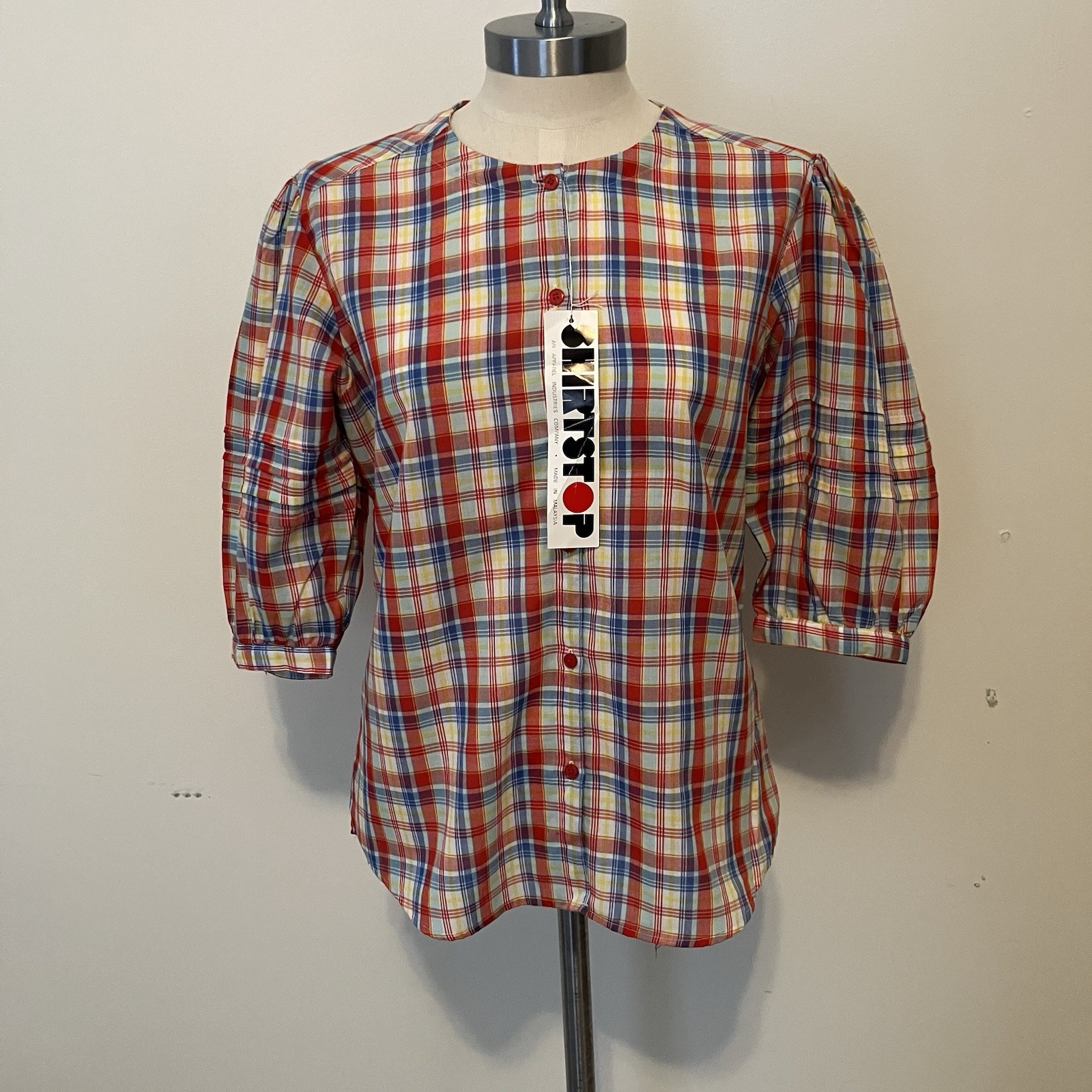 VTG Women’s Sz. 10 90s Plaid Blouse Button Short Sleeve Balloon Sleeve NWT
