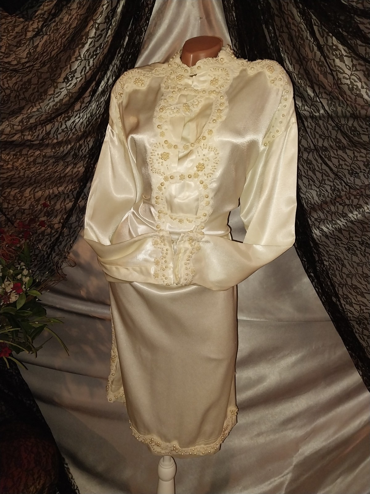 VTG SATIN ART DECO EDWARDIAN HANDMADE PEARLS HIGH NECK CAFTAN DRESS NOS RARE 50&Prime;