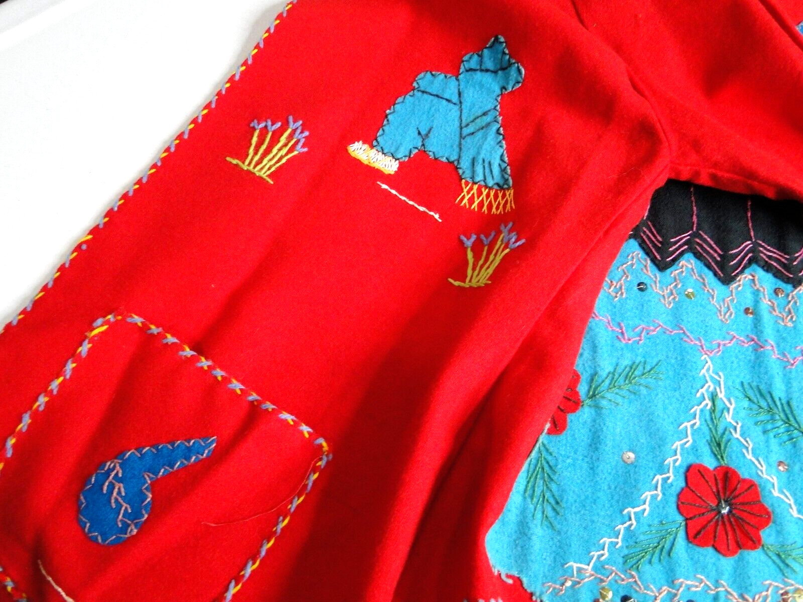 Vintage 40s jacket Wool Medium LOPEZ MEXICO Embellished FELT Couple On Back Red