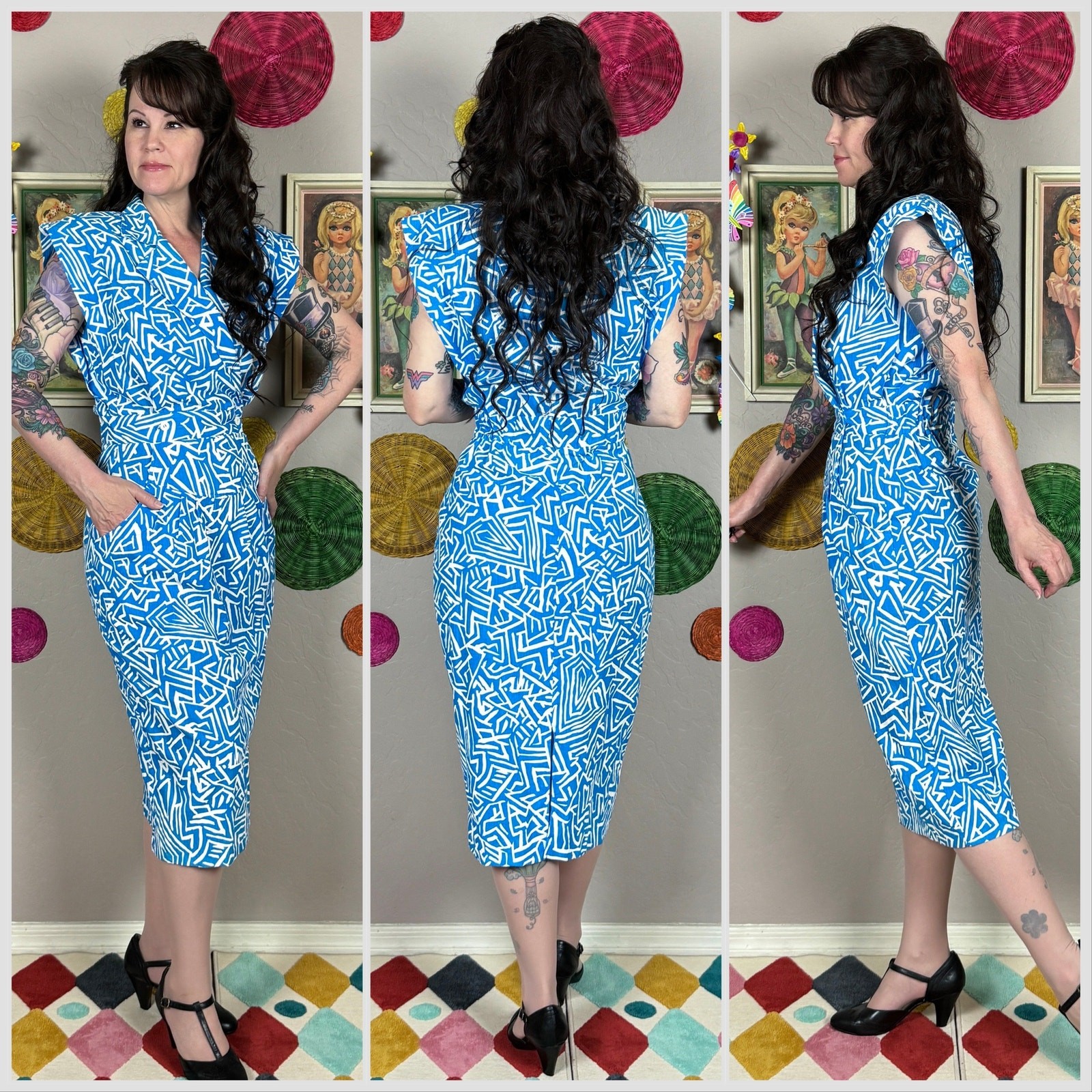 Vintage 1980s Blue & White Abstract Geometric Print Cotton Dress | 26&Prime;-28&Prime; Waist