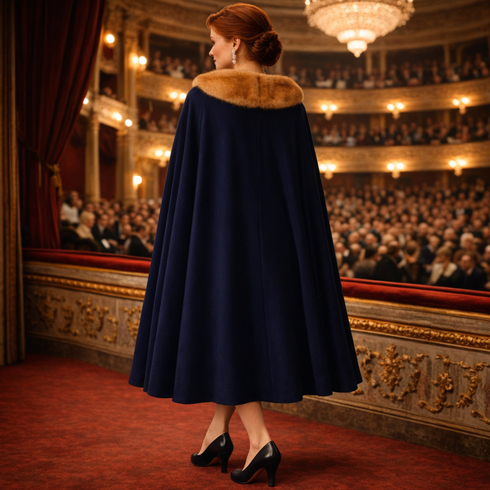 Vintage 1950s Opera Cape Cloak Navy Wool Fur Collar Swing Coat Satin Lined