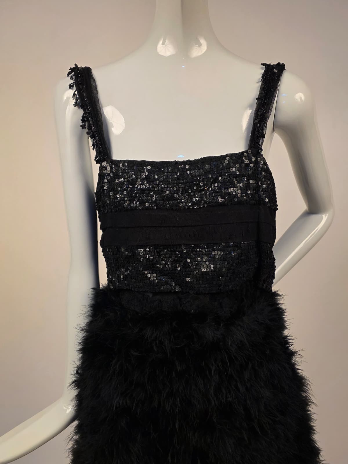 FLAPPER 1920’S SEQUIN TRIMMED DRESS W BLACK OSTRICH FEATHER SKIRT 
