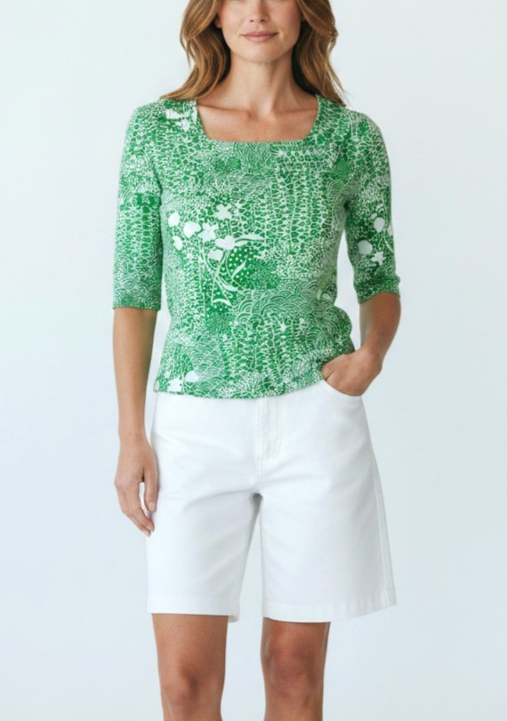 Vtg 70s Ditsy Geometric Floral Print Top Size S Square Neck Cotton Green White
