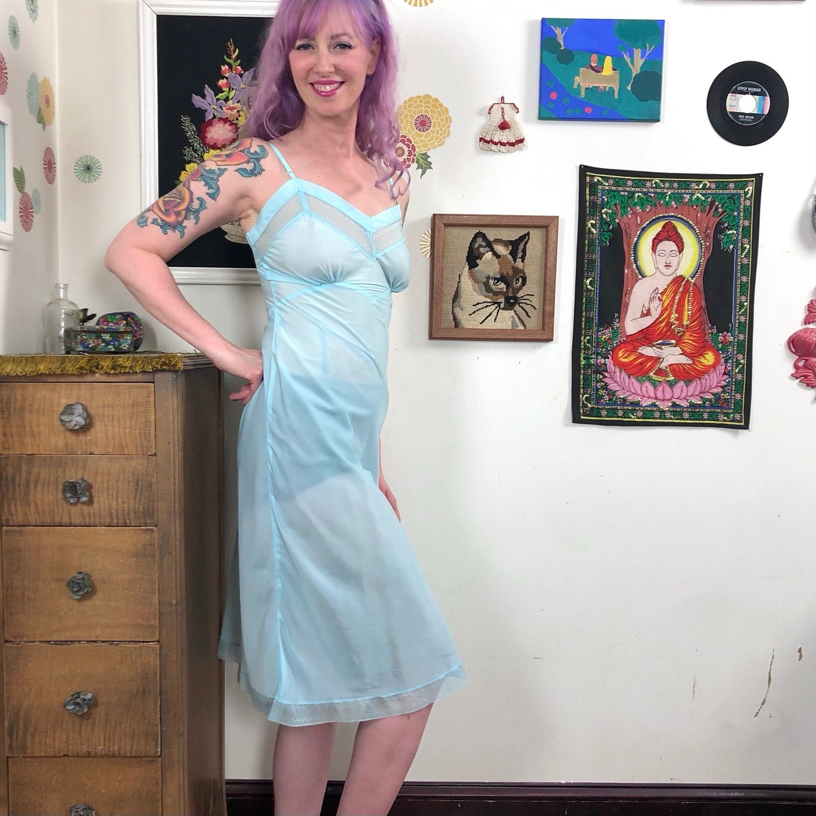 Vintage Aqua Taffeta Slip, 1940s Hand Dyed Swishy Nylon Slip Dress, Sz XS