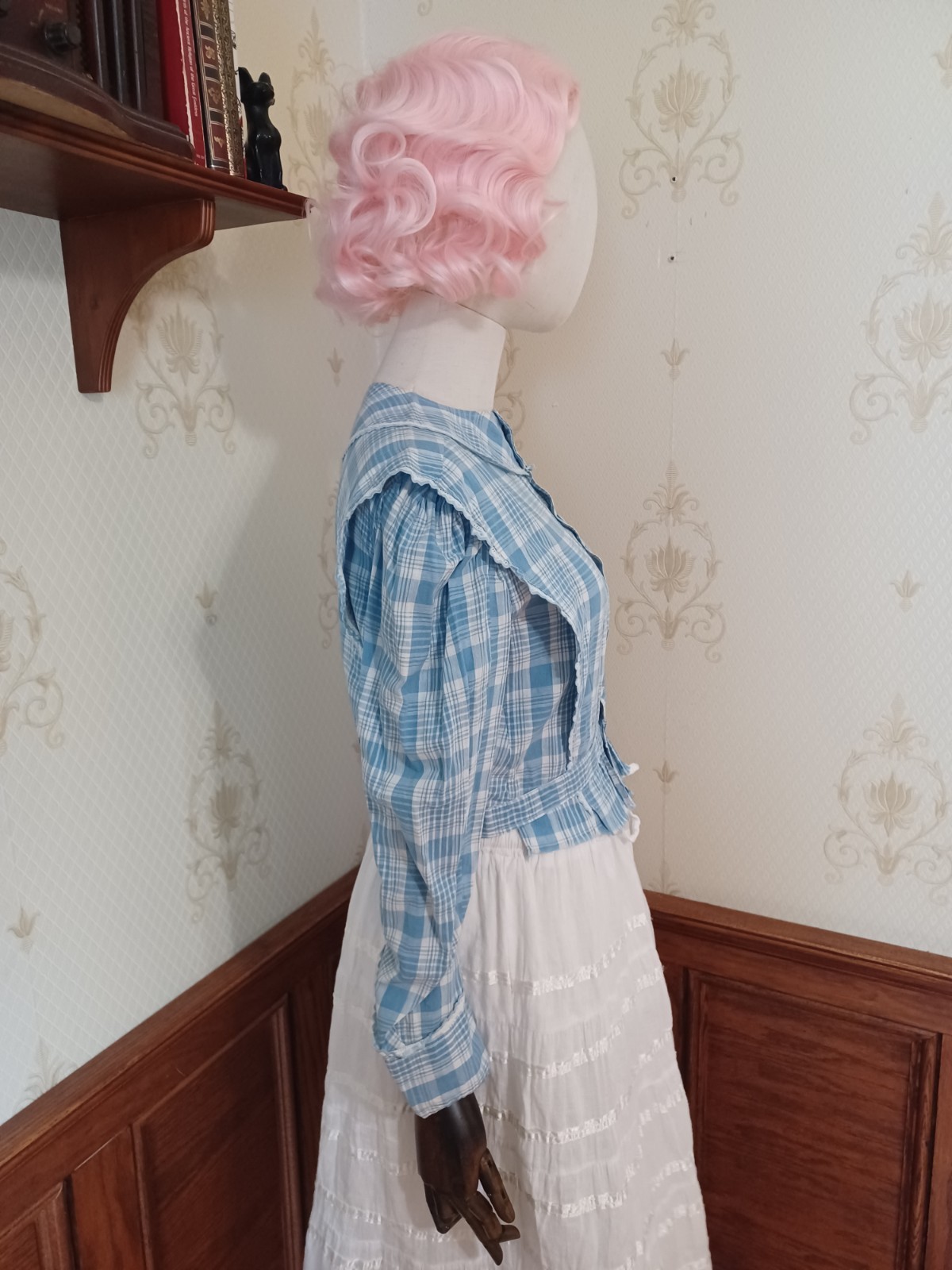 Antique Edwardian 1910s-20s Blue Puff Sleeve Doll Collar Cottagecore Blouse