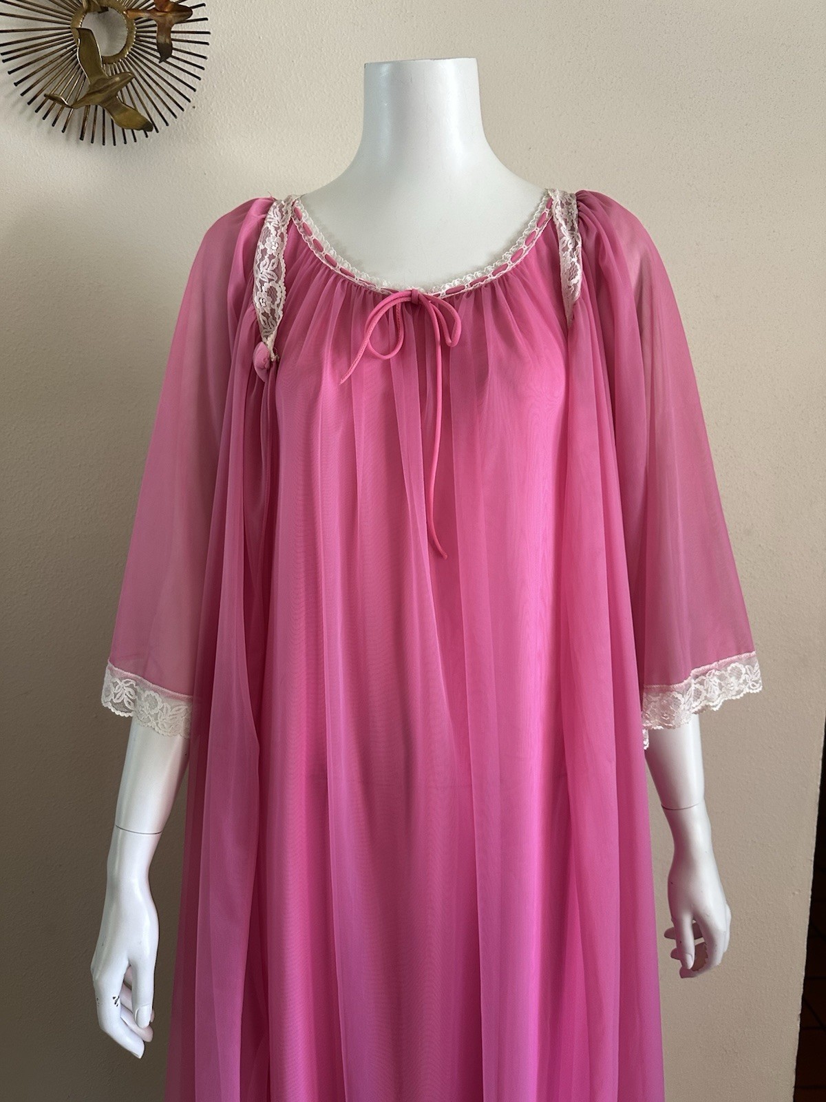 1970s Miss Elaine Sheer Pink Nylon Chiffon Lace Peignoir Set Robe + Gown Vintage