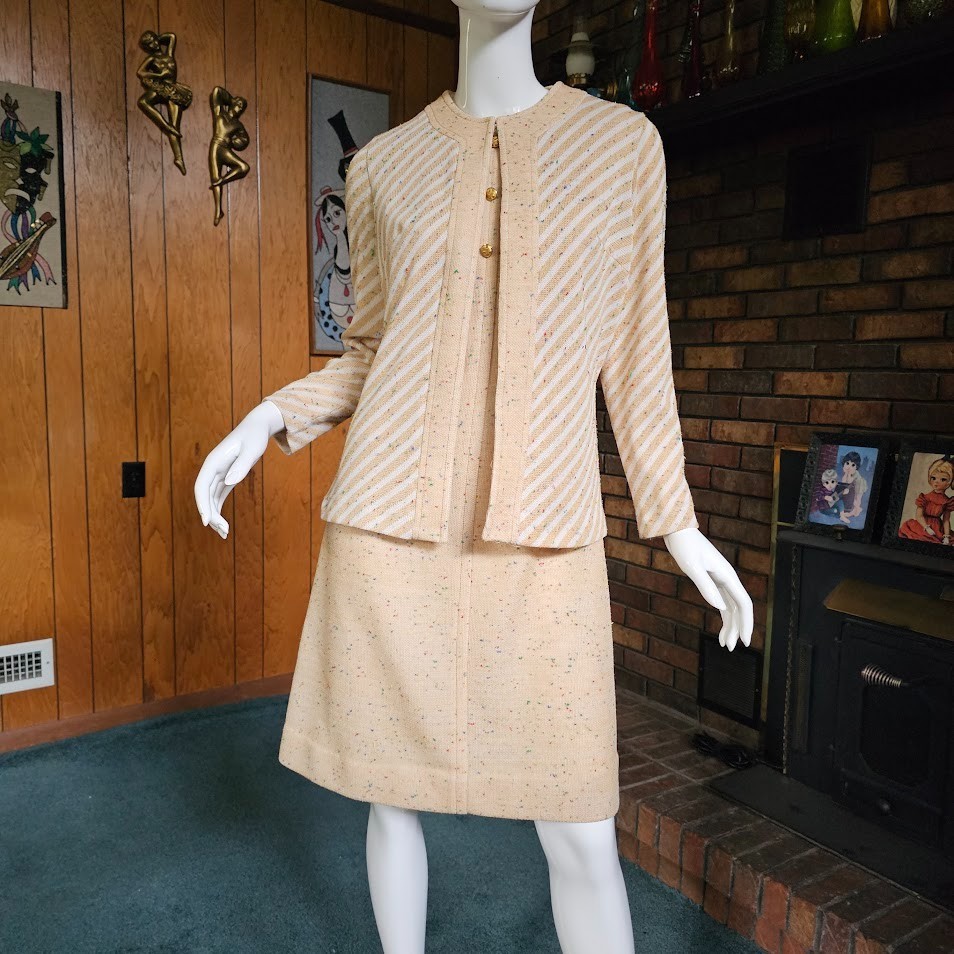 Vtg 70s Mod Rainbow Confetti Knit Oatmeal Stripe Blazer + Mini Shift Dress M/L