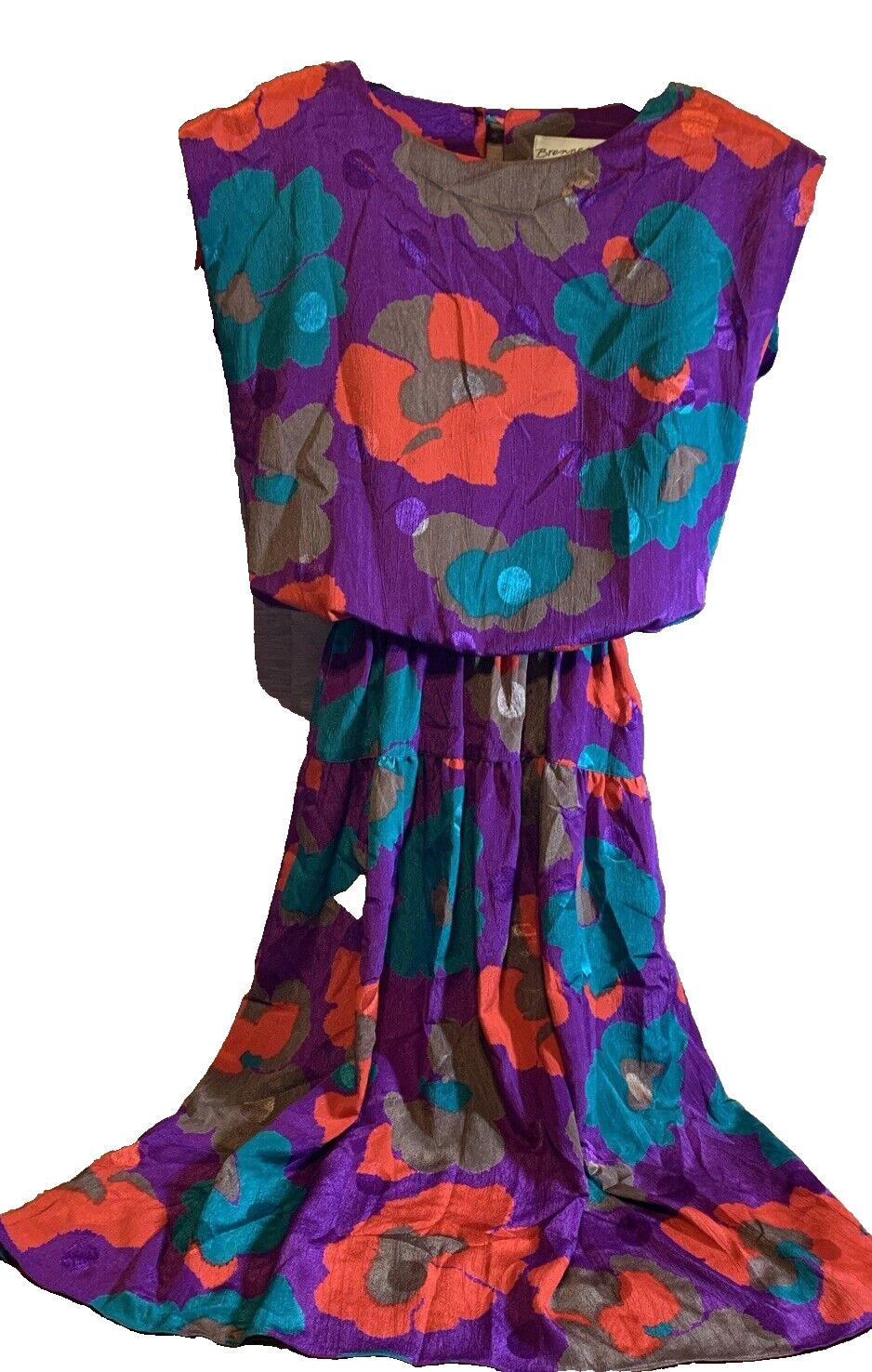 Vtg 1980s Brenner dress cap sleeve drop waist Purple Multi Color flowers Petite