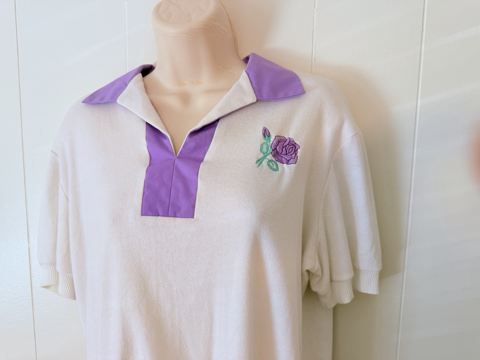 VTG 80s Active Attitudes Polo Sweatshirt Womens White Purple Rose Grannycore