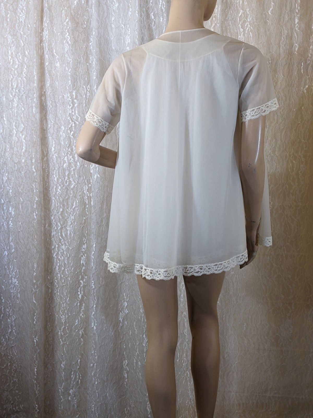 Vintage Shadowline Ivory Chiffon Lace Babydoll Nightgown Peignoir Robe Set PS