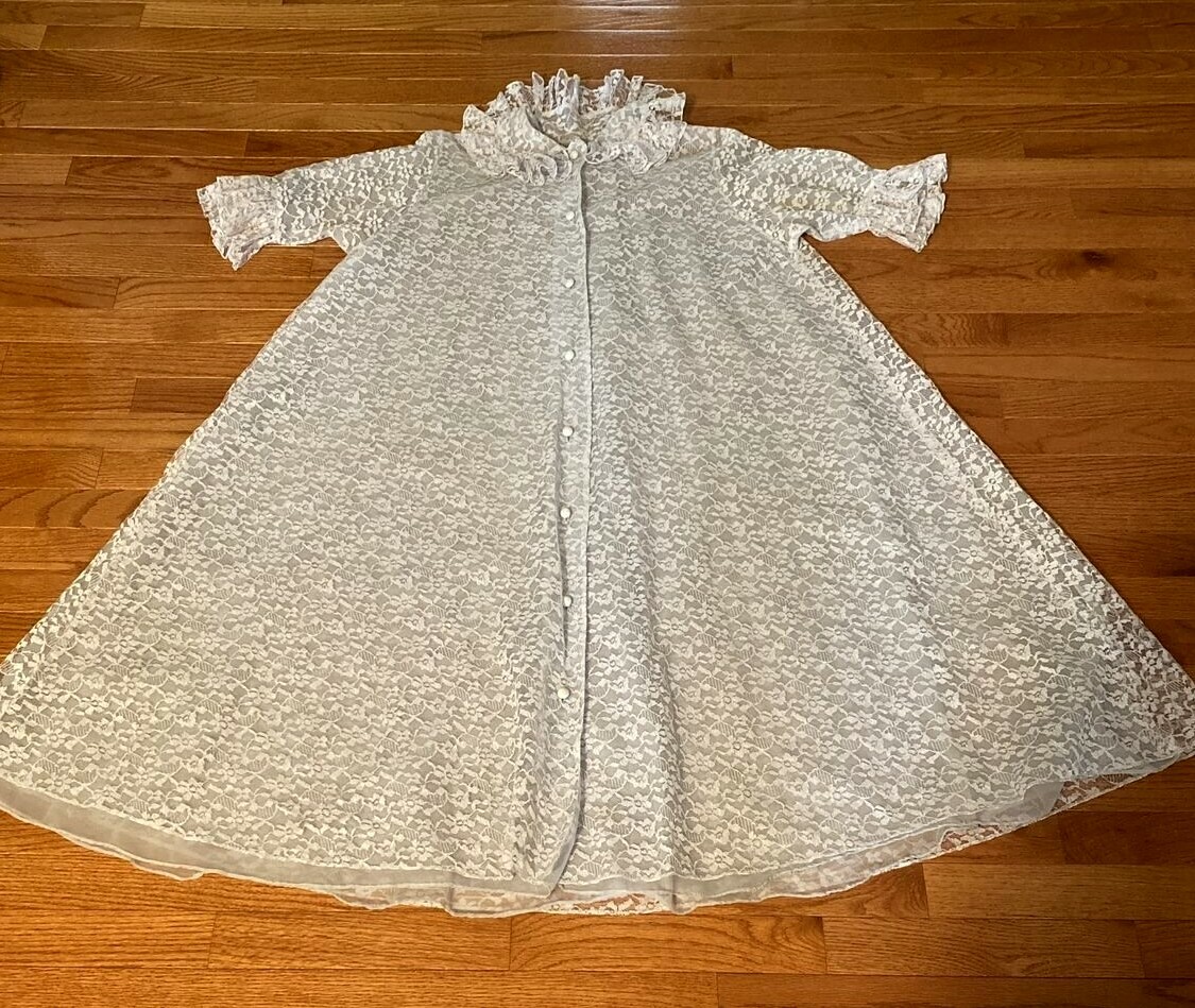 Vintage Blue Chantilly lace Nylon Duster Woman Housecoat Robe sleepwear Lingerie