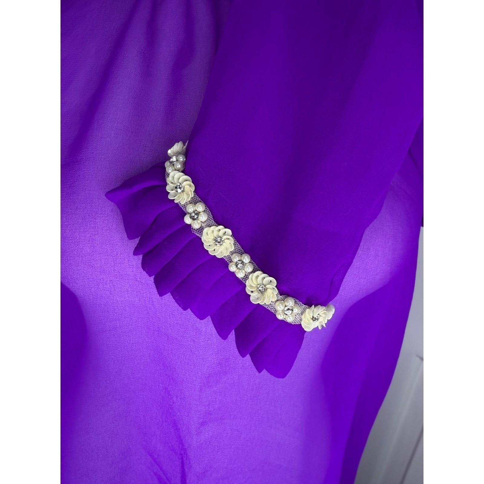 VTG Purple Sheer Chiffon Ruffle Neck Mini Dress Romantic Hollywood Regency S/M