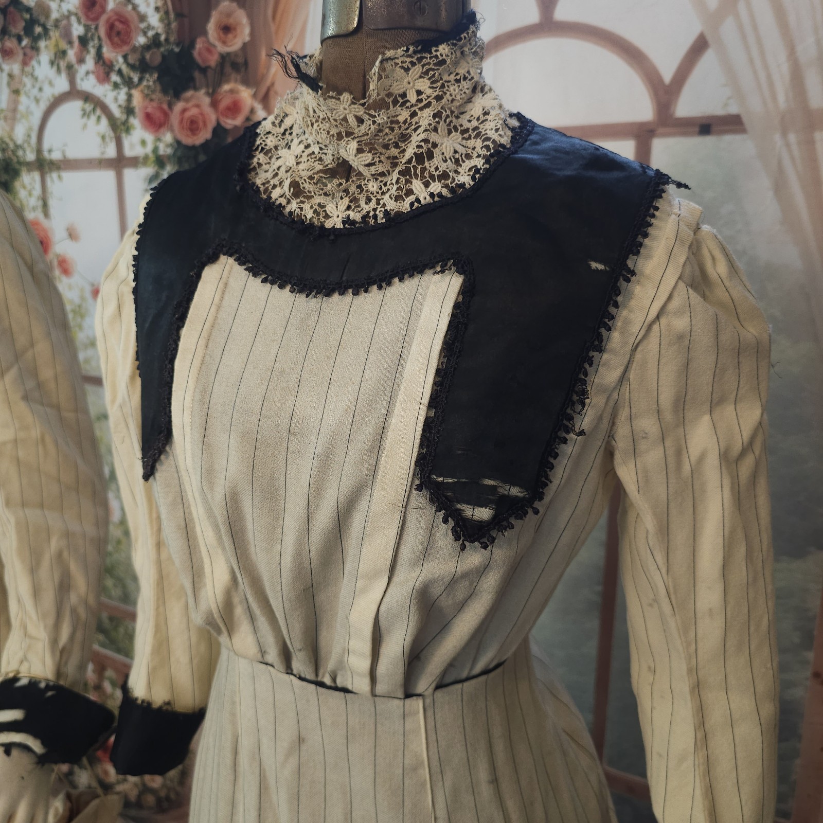 Antique Walking Suit 2 Pc Cream Pinstripe Purse Dress Black Trim Blazer Jacket