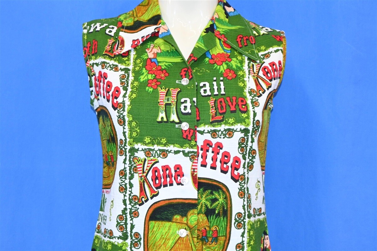 vtg 70s KONA COFFEE ALOHA HAWAIIAN SLEEVELESS BUTTON DOWN WOMEN&rsquo;S SHIRT SMALL S