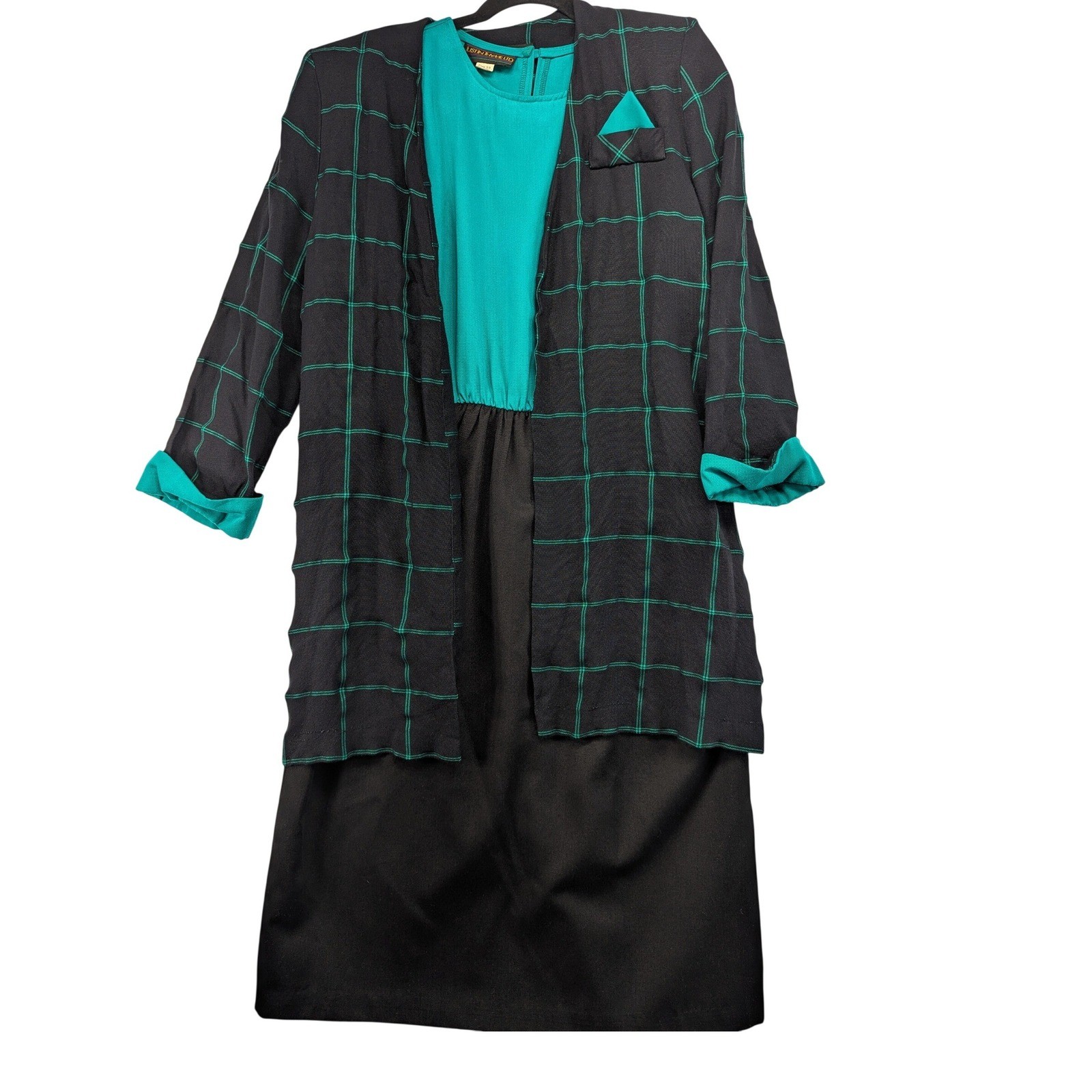 Vintage Justin Thyme Ltd 80s Dress and Jacket Set Teal Black Plaid Size 12