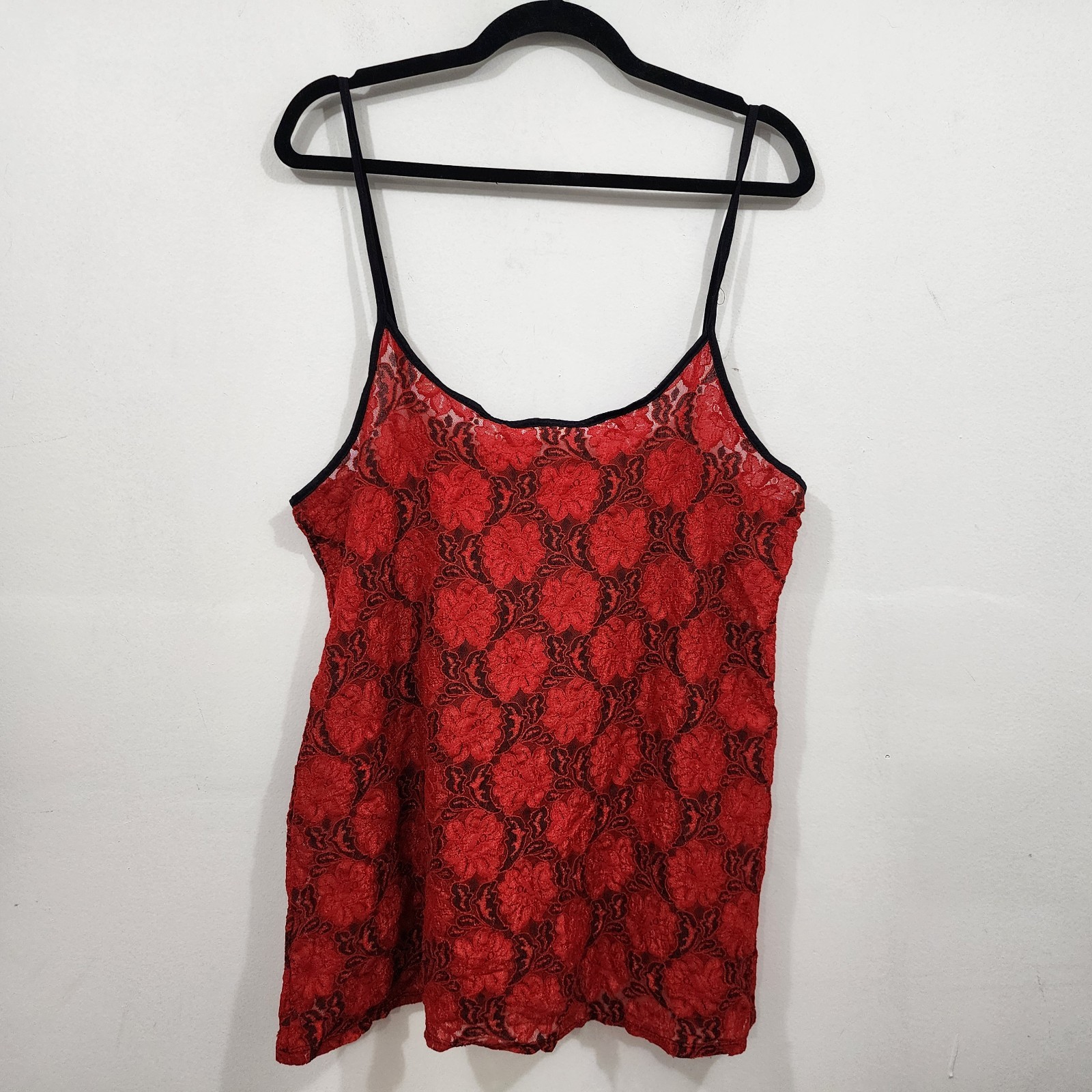 Vintage 90s Red Floral Lace Camisole Tank Rayon Nylon Sheer Stretch Plus Size 1X