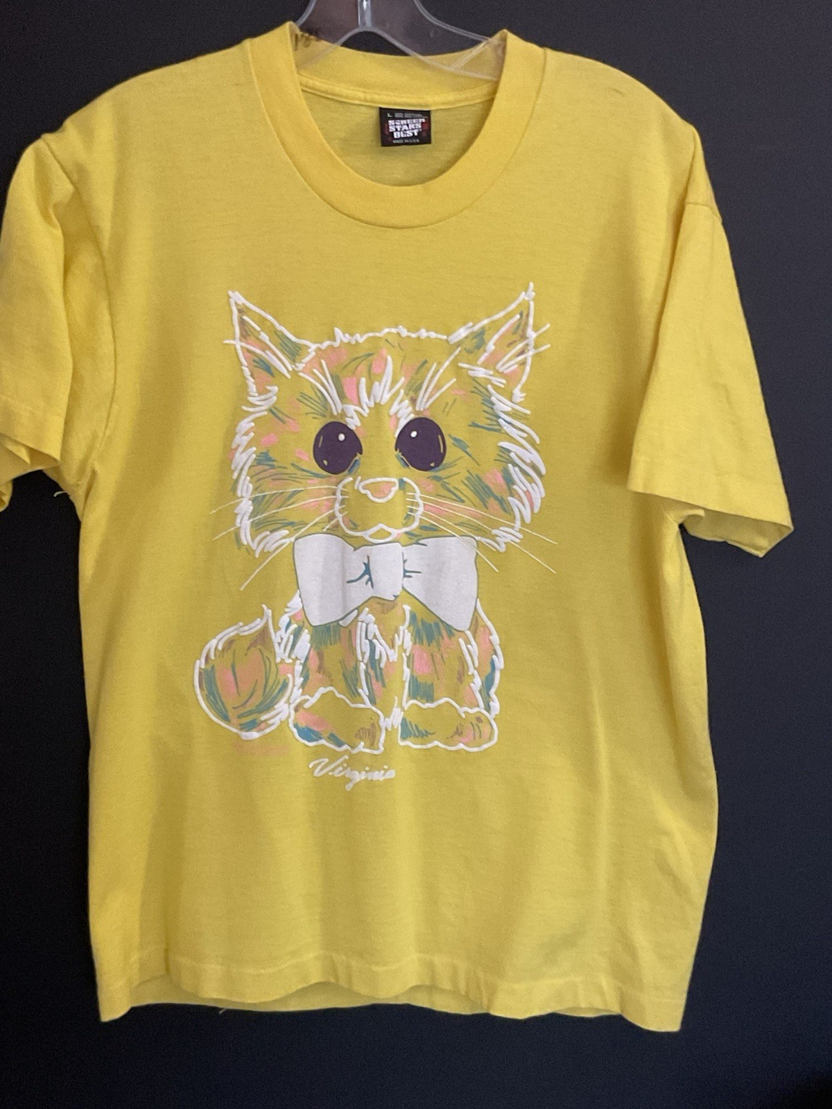 Vtg 1980s Yellow Neon Cat T-shirt West Virginia Kitten Mens Size M Screen Stars
