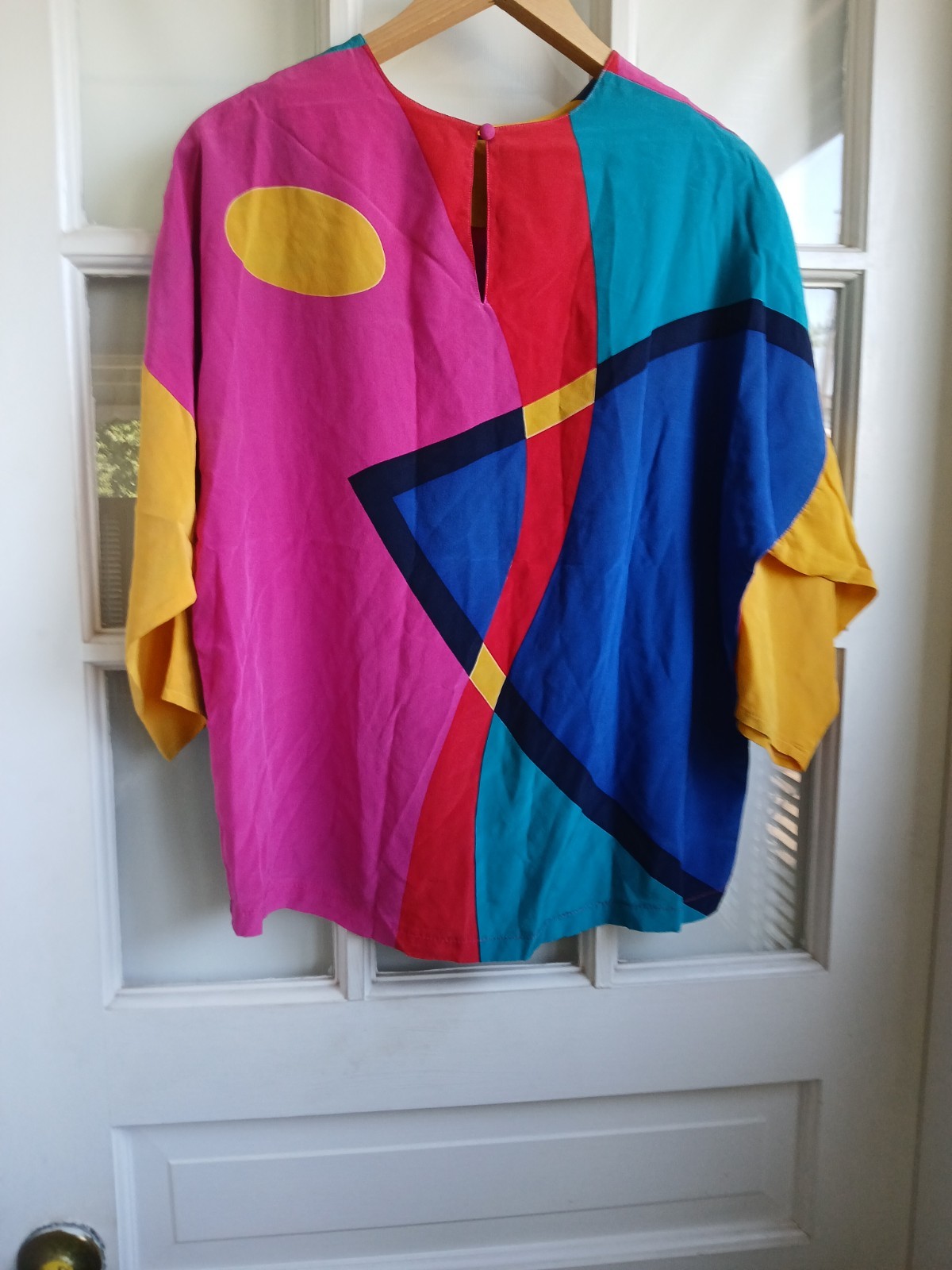 vtg 80&rsquo;s silk color block blouse mister c oversized medium teal raspberry blue