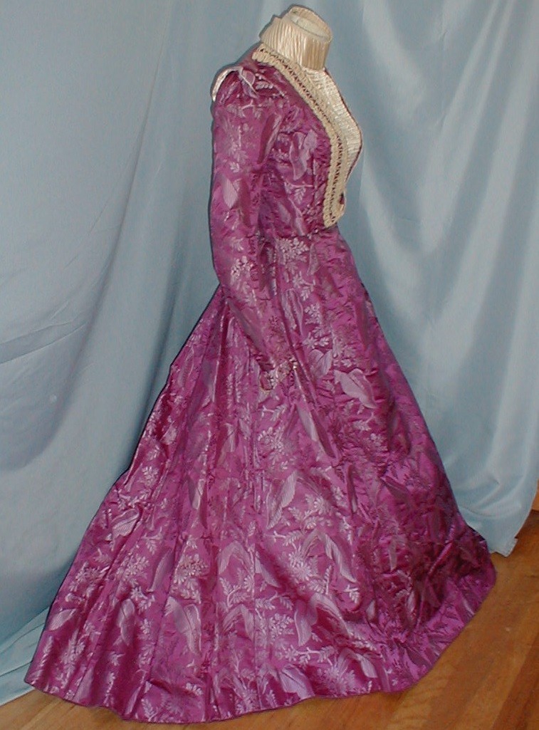 Majestic Antique Evening Dress Victorian 1890 Leaf & Floral Print Copper Satin