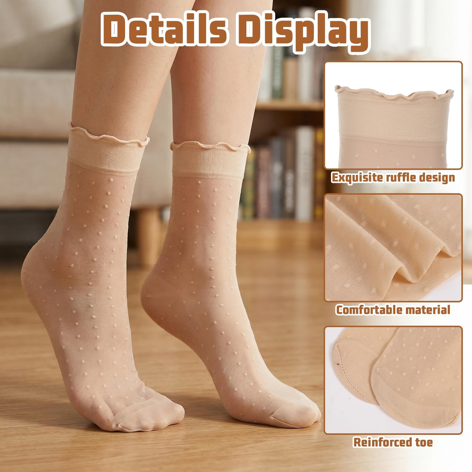 Bremorou 6Pairs Sheer Ankle Socks Medium Tall, Black, Off-white, Skin Tone