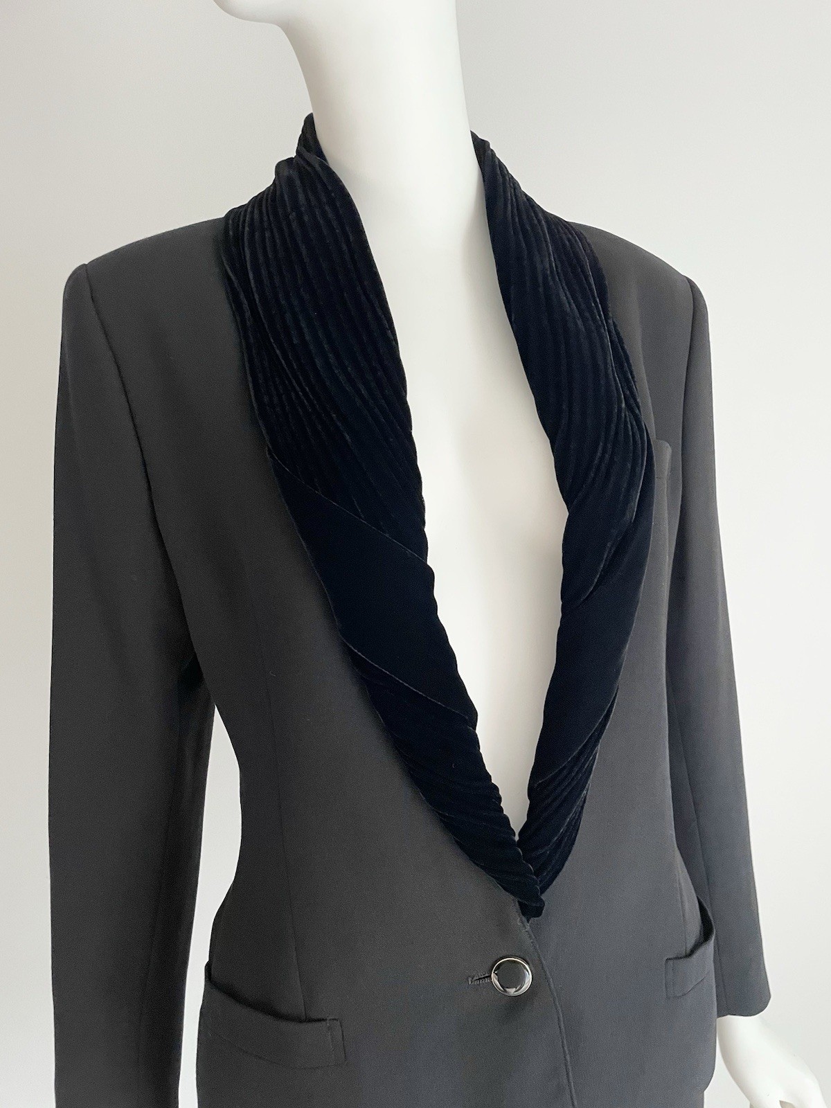 Vintage 1980s Gianni Versace Black Wool Velvet Twist Trim Skirt Suit Set Jacket
