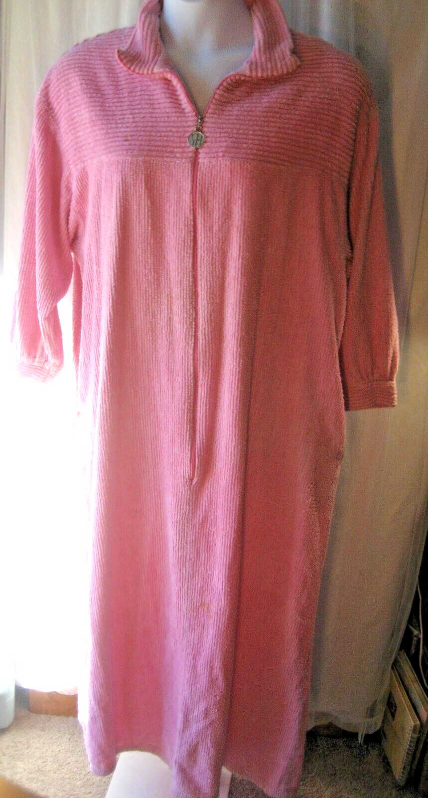 Vintage Stan Herman Chenille Robe L Full Length 3/4 Zip Dark Pink Pockets Collar