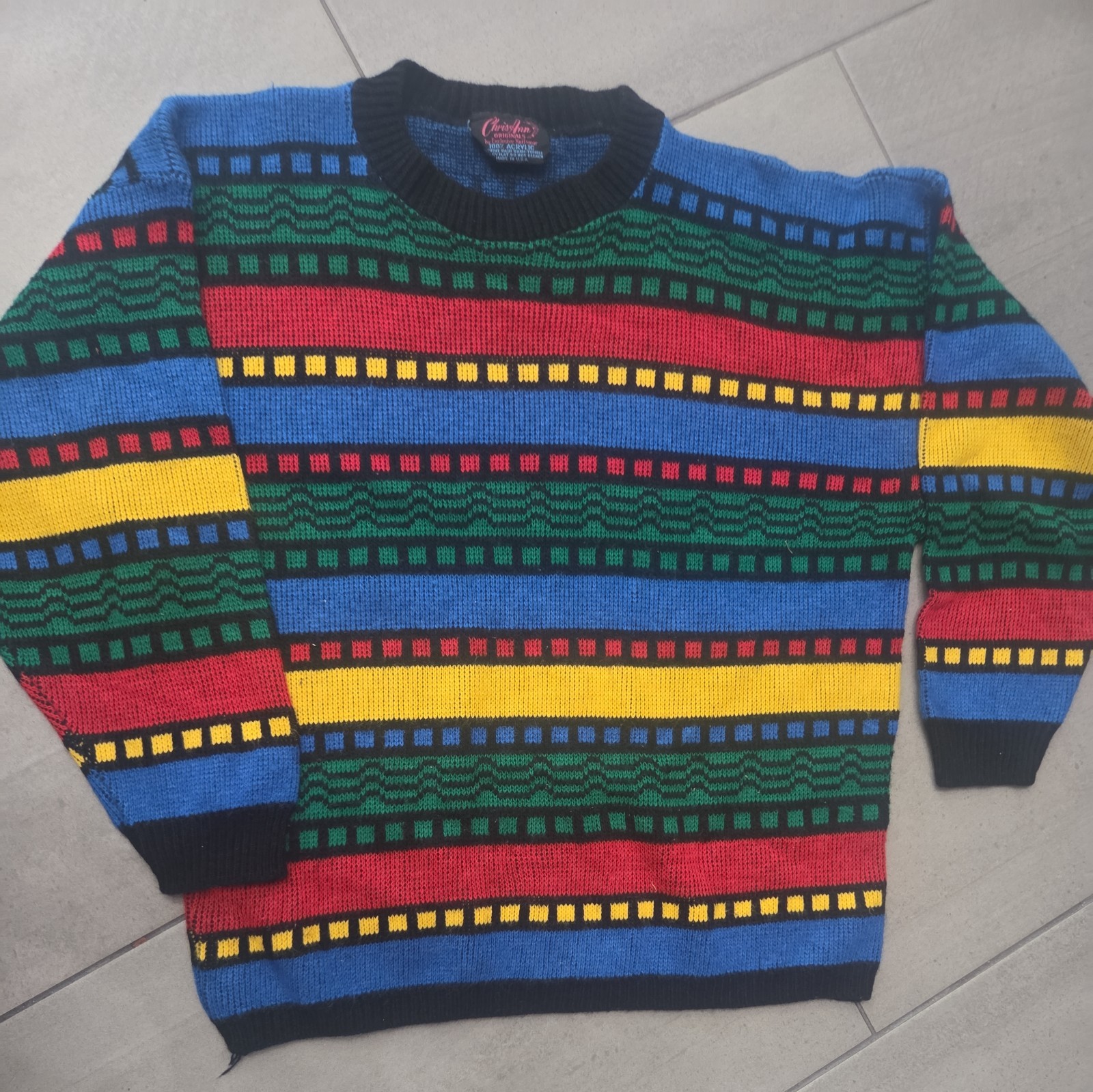 Vintage Chris Ann Knitwear Primary Red Blue Yellow Green Color Block Sweater