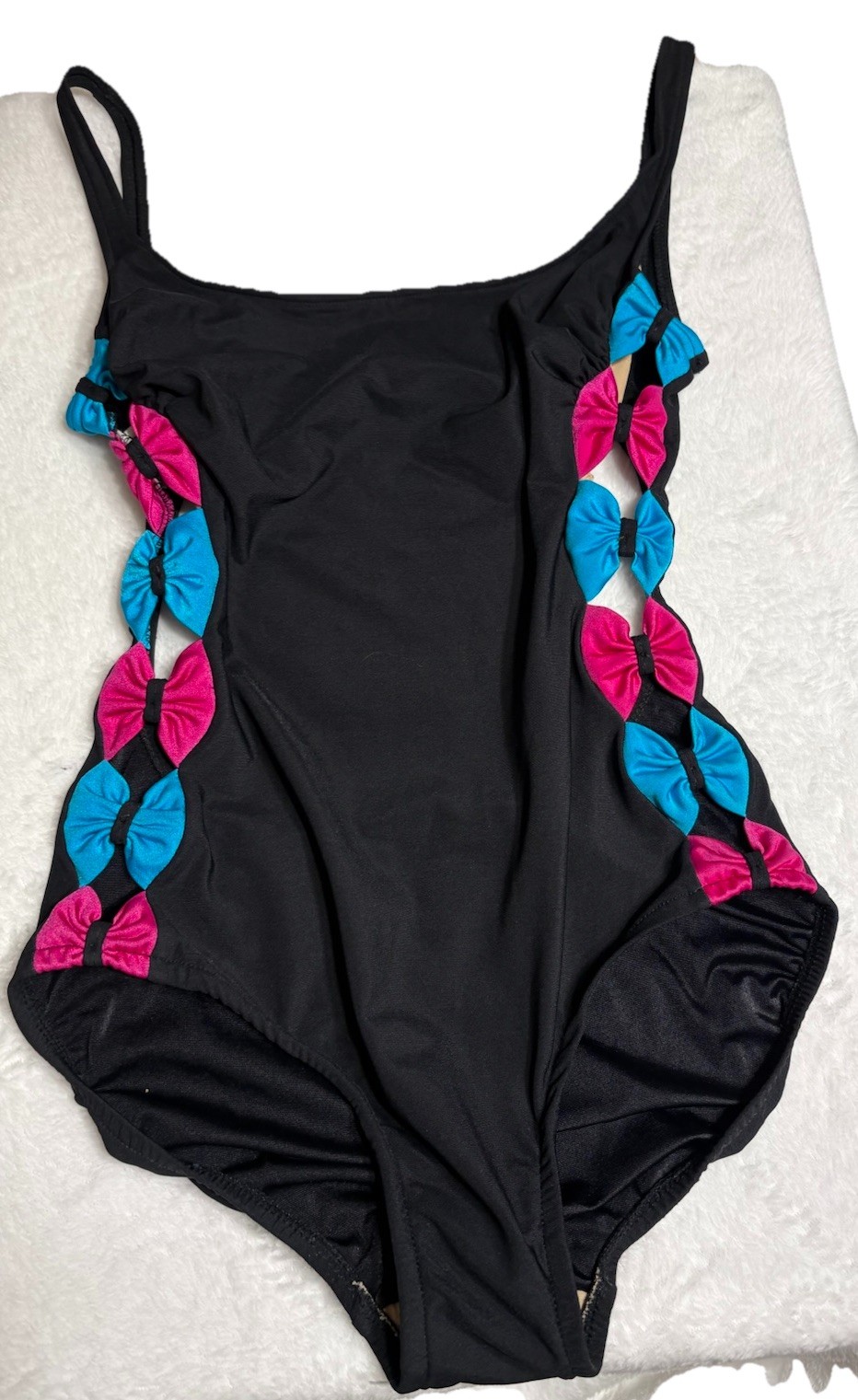 VTG 80s SIRENA SWIMSUIT PEEK A BOO SIDES PINK & Blue Bows RARE 10 Pilling Butt