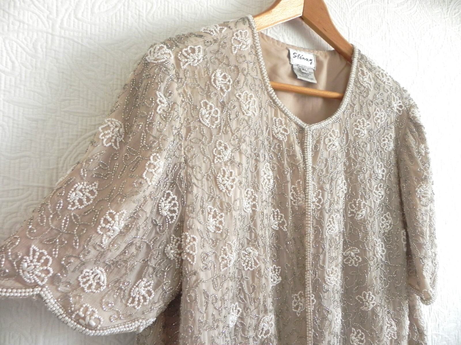 Vtg Stenay Bolero or Top Silk Lined Fully Beading Hook/Loop Light Peach Size XL