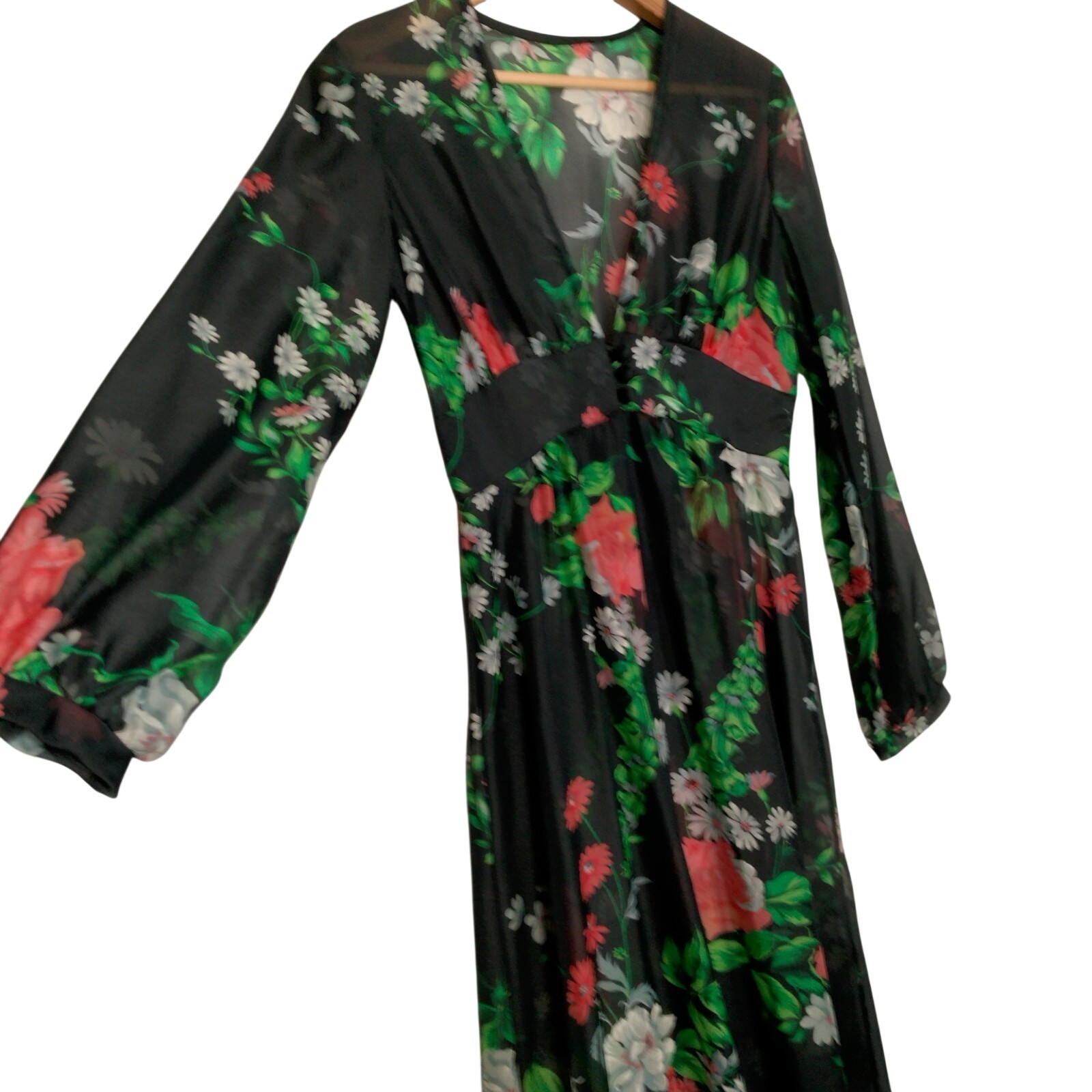 Vintage 1970s Sheer Dress Robe Size 5-6 Black Daisy Floral Hippie Boho