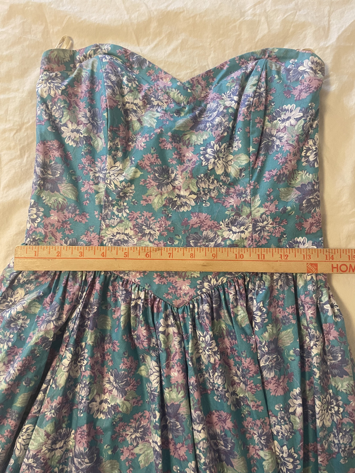 Laura Ashley Vintage 90s Floral Strapless Dress Aqua Purple US Sz 10 runs small